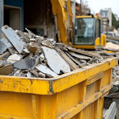 Construction Demolition Waste Container Overflowing with Debris Ready for Removal from Job Site Abfall