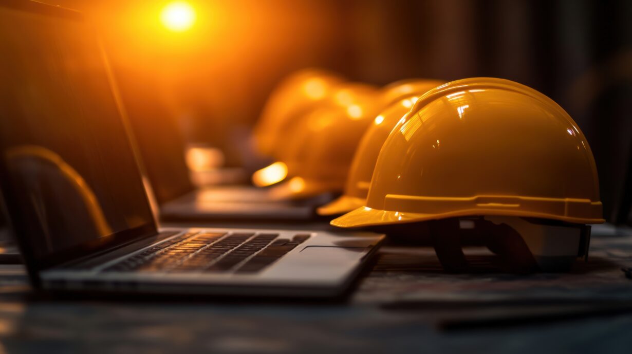 A row of yellow hard hats positioned beside laptops in a warm, glowing environment suggests a construction or safety training setting